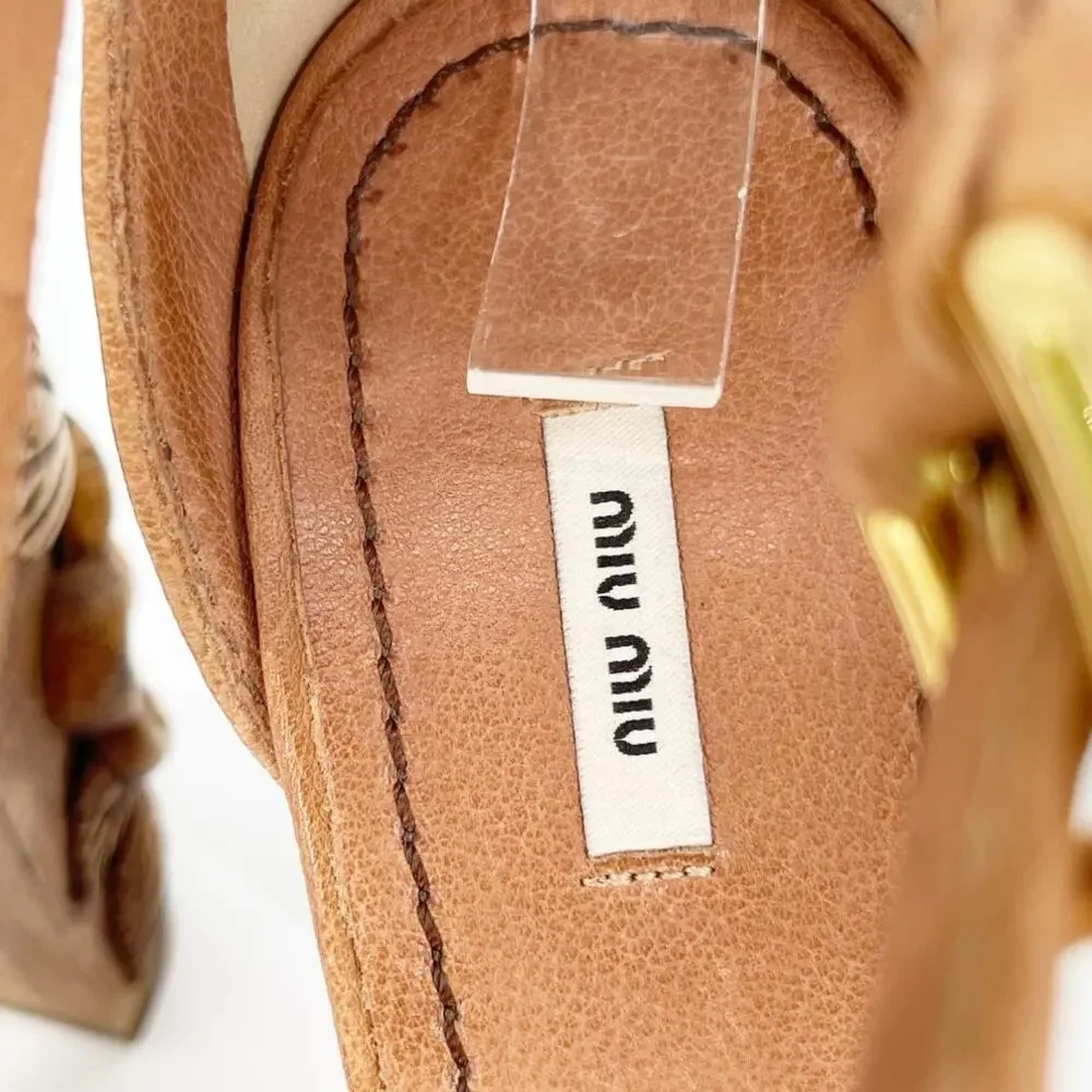 Miu Miu Vintage Camel Tan Floral Flower Carved Wood Heel Platform Sandal IT 37.5 - Picture 10 of 12